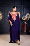 Embroidered Royal Blue Kaftan dress with Red Brocade Yoke
