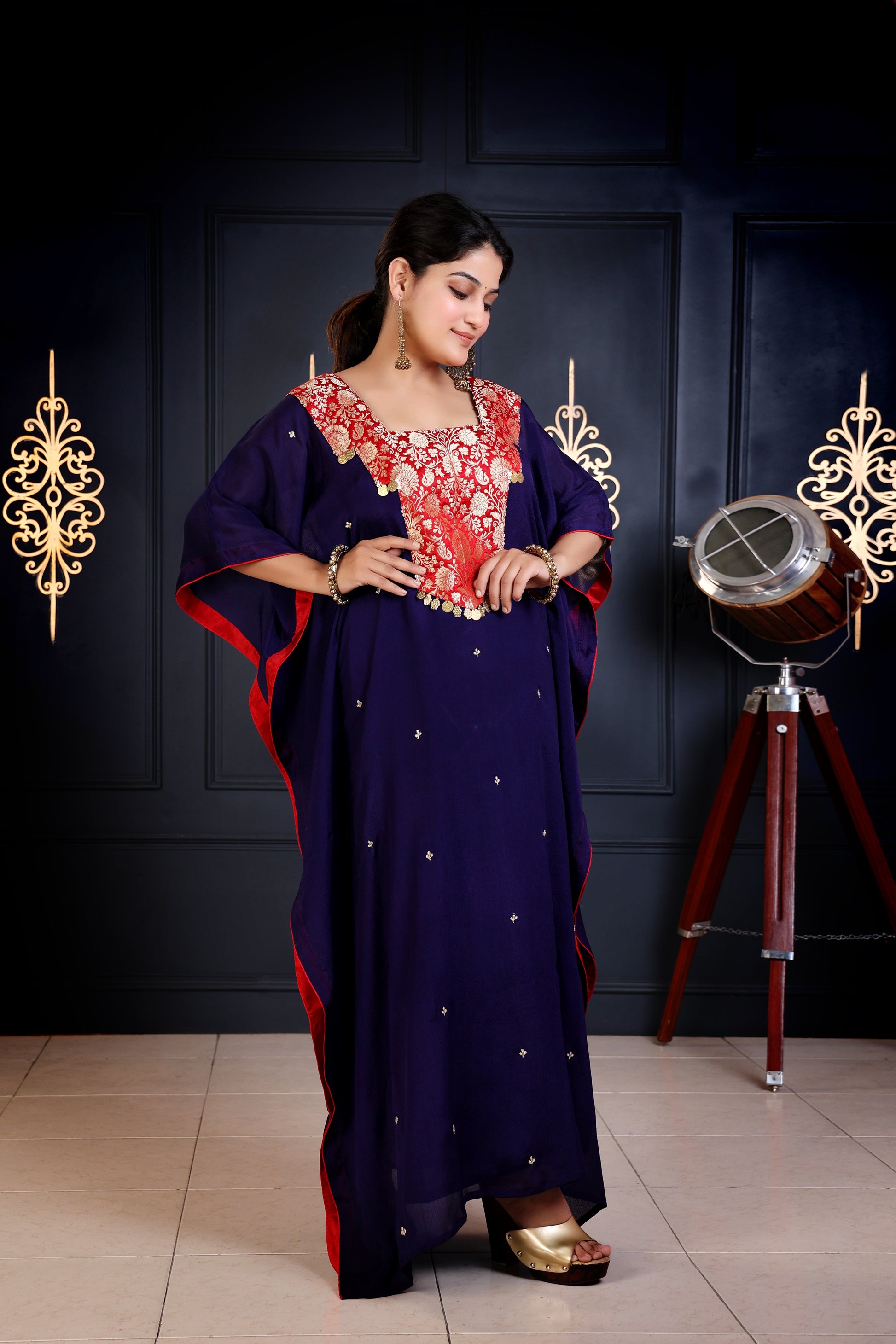 Embroidered Royal Blue Kaftan dress with Red Brocade Yoke Embroidered Royal Blue Kaftan dress with Red Brocade Yoke