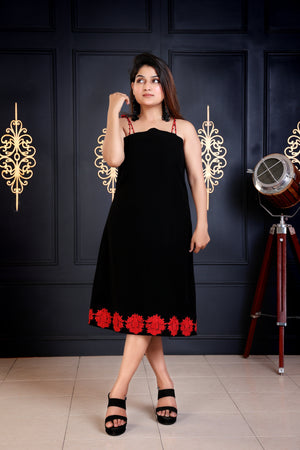 Black Patchwork Dress with Embellished  Shoulder Strap