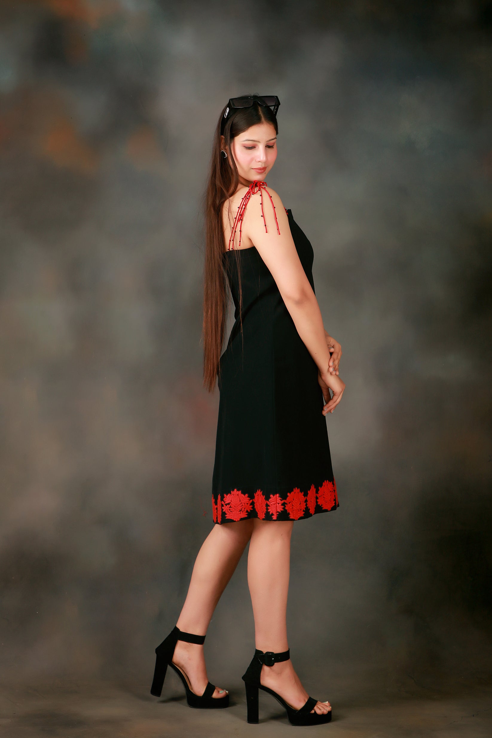 Black Patchwork Dress with Embellished Shoulder Strap – TillEnd